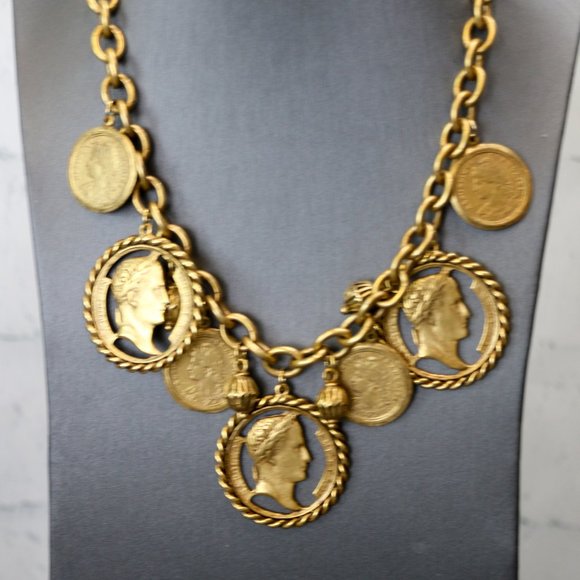 Napoleon Coin Gold Tone Bib Necklace - Picture 5 of 12